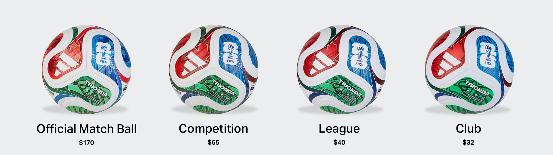 Product lineup showing all four versions: Official Match Ball, Competition, League, and Club editions